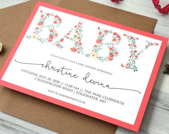 Floral Baby Shower Invitation - Printed Item - Spring Baby Shower - Flower Alphabet - Shower Invites - Pink Flowers - Boho Personalized