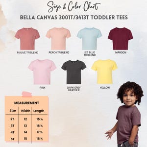 Puede incluir: Una tabla de tallas y colores para camisetas para ni&ntilde;os peque&ntilde;os Bella Canvas 3001T/3413T. La tabla muestra varios colores de camisetas: malva, melocot&oacute;n, azul hielo, granate, rosa, gris oscuro jaspeado y amarillo. Una tabla de medidas muestra las tallas 2T a 5T.