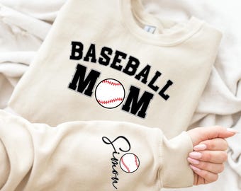 Personaliseer baseball moeder kindernaam op mouw sweatshirt, honkbal moeder cadeau, shirt honkbalseizoen, moeder honkbaltrui, shirt baseball mama