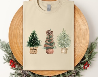 冬用クリスマスツリーシャツ、レディースクリスマスシャツ、ミニマルクリスマスツリーシャツ、レディースホリデーシャツ、クリスマスギフト、ホリデーファミリーTシャツ