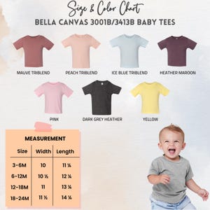 Puede incluir: Una tabla de tallas y colores para camisetas de beb&eacute; Bella Canvas 3001B/3413B. La tabla muestra varios colores: malva, melocot&oacute;n, azul hielo, granate jaspeado, rosa, gris oscuro jaspeado y amarillo. Se proporcionan medidas para tallas de 3-6M a 18-24M.