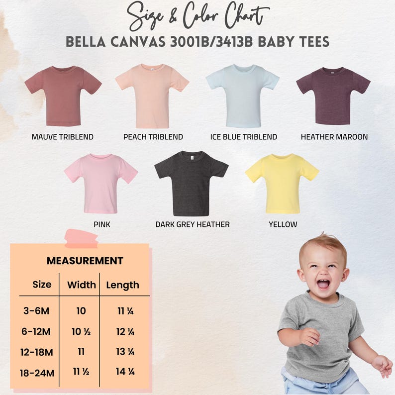 Puede incluir: Una tabla de tallas y colores para camisetas de beb&eacute; Bella Canvas 3001B/3413B. La tabla muestra varios colores: malva, melocot&oacute;n, azul hielo, granate jaspeado, rosa, gris oscuro jaspeado y amarillo. Se proporcionan medidas para tallas de 3-6M a 18-24M.