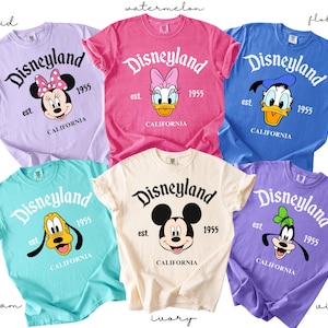 Puede incluir: Seis camisetas de colores con el logotipo de Disneyland y personajes de Disney. Los colores incluyen orqu&iacute;dea, sand&iacute;a, azul, verde mar, marfil y violeta. Cada camiseta tiene el texto "Disneyland est. 1955 CALIFORNIA".