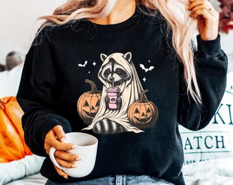 Halloween Raccoon Sweatshirt, Halloween Sweater, Halloweene Sweatshirt, Spooky Season Hoodie, Ghost Sweatshirt, Raccoon Lover Shirt
