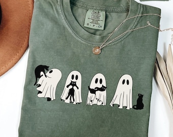 Komfortfärger Halloween-tröja: Svart katt och spöke-tröja