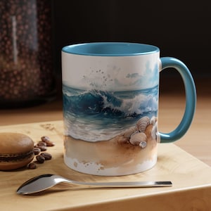 Beach Vibes Accent Coffee Mug, Ocean Waves Coffee Cup, Sea Shells Mug, Summer Gift, Coffee Lovers Present, Beach-Themed Drinkware