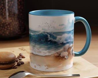 Beach Vibes Accent Coffee Mug, Ocean Waves Coffee Cup, Sea Shells Mug, Summer Gift, Coffee Lovers Present, Beach-Themed Drinkware