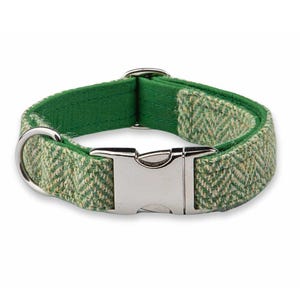 Collared Creatures Green Herringbone Harris Tweed Dog Collar, Handmade Wool Dog Collar, Luxury Personalised Pet Collar, Free Name Engraving