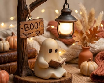 Illuminated Reading Ghost Sculpture Spooky Lantern Branch Stand Shelf Table Centerpiece Miniature Boo Decor