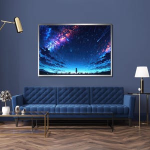 Nachthimmel Kunst Poster mit Sternenregen & Milchstraße, lebhaftem Lila Blau Orange Weltraum Fantasy Druck, Astronomie Wanddekoration, mehrere Größen