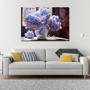 Lavender Hydrangeas in Vase Art Print - Serene Floral Wall Art Elegant Blue Hydrangea Canvas Print - Cottagecore Aesthetic Decor&quot;