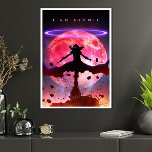 Anime Canvas Wall Art I AM ATOMIC Silhouetted Figure Full Moon Painting for Gaming Room Decor Pop Culture Gift Canvas Art.