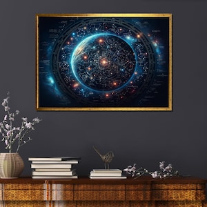 Stampa artistica di mappe celesti, decorazione da parete con costellazioni astronomiche, mappa della galassia spaziale, tela regalo con astrolabio e scienza cosmica.