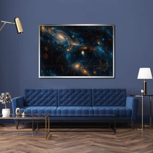 Galaxy Wall Art Print Dunkelblauer Sternenhimmel mit goldenen mystischen Linien Celestial Home Decor Space Illustration Poster