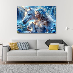 Magical Unicorn and the Elf Queen Art Print | Fantastic Art Wall Decor&quot; Unicorn Fantasy Portrait | Fairytale Woman and Unicorn Wall Art&quot;
