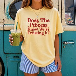 May include: A pale yellow short-sleeve t-shirt featuring the dark red text Does The Process Know We're Trusting It? printed on the front, accented with small star symbols. The shirt has a crew neckline and a relaxed fit, paired with blue and white striped shorts.
