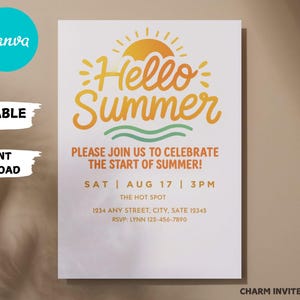 Modèle d'invitation fête d'été bonjour, invitation soleil, fête d'été, dernier jour d'école, fête de quartier, fête d'anniversaire orange