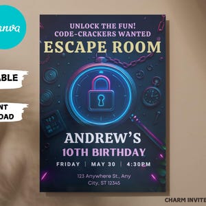 Escape Room Geburtstagseinladung, Mystery-Geburtstags-Einladung, Gender neutral einladen, Preteen, Teen Escape Room Party, digitale Einladung