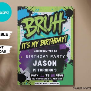 Invitación de cumpleaños "Hermano, es mi cumpleaños", plantilla editable para cualquier edad y temática, tarjeta de cumpleaños neón imprimible, invitación digital para fiesta, descarga instantánea