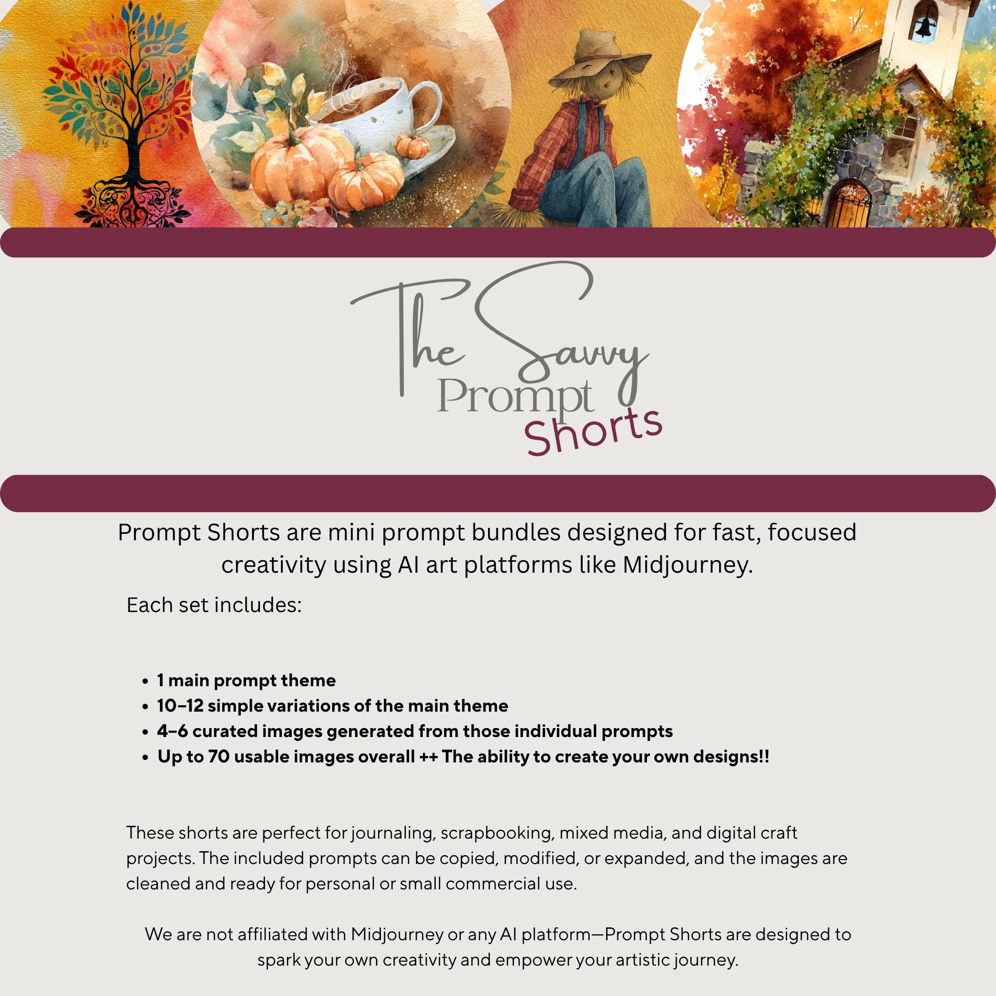 AI Prompt Short –Autumn Vibe | 1 Midjourney Prompt with 10 Variations + 40 AI personal/ commercial use images | Journal, Stationery Papers