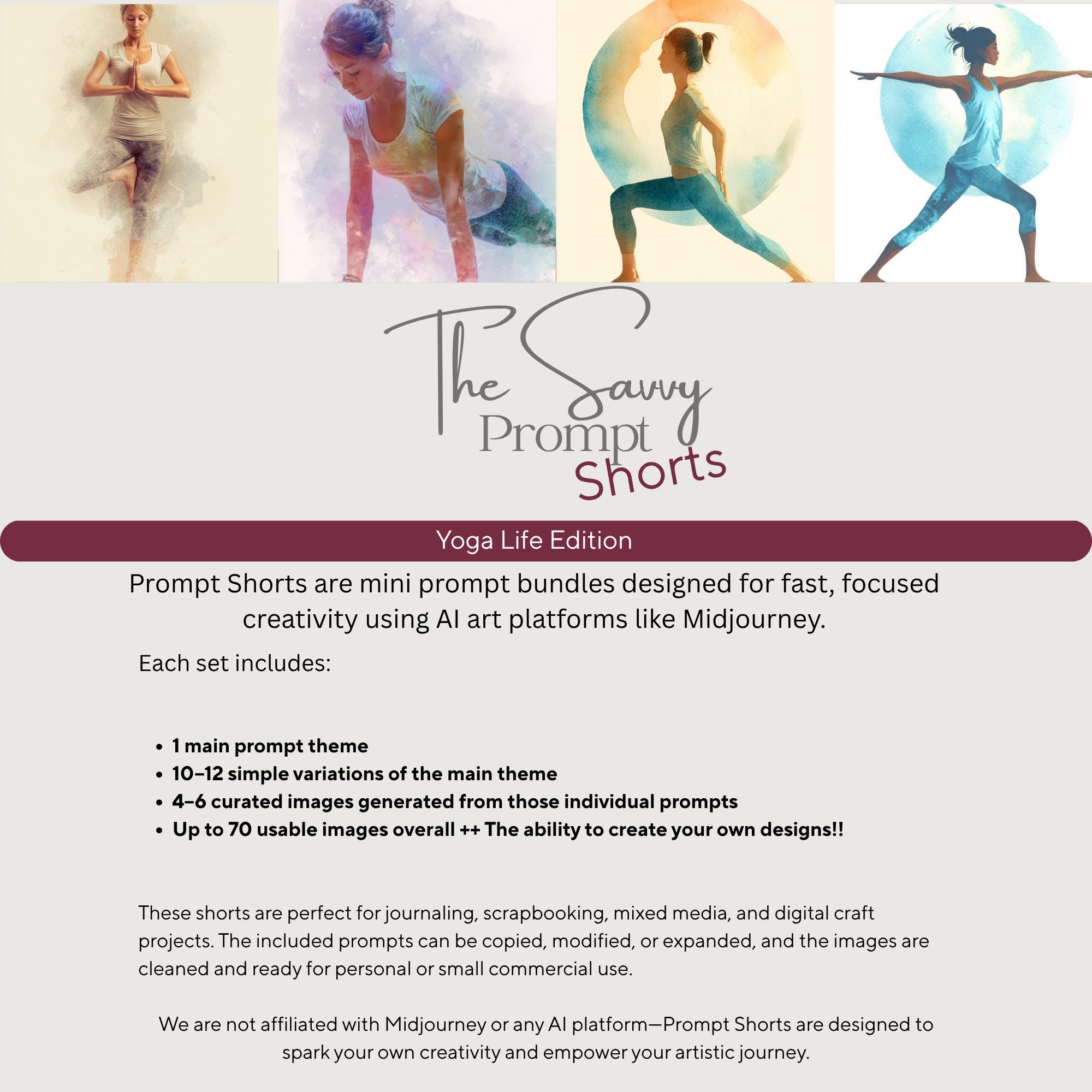 AI Prompt Short –Yoga Life| 1 Midjourney Prompt with 10 Variations + 40 AI personal/ commercial use images | Journal, Stationery Papers