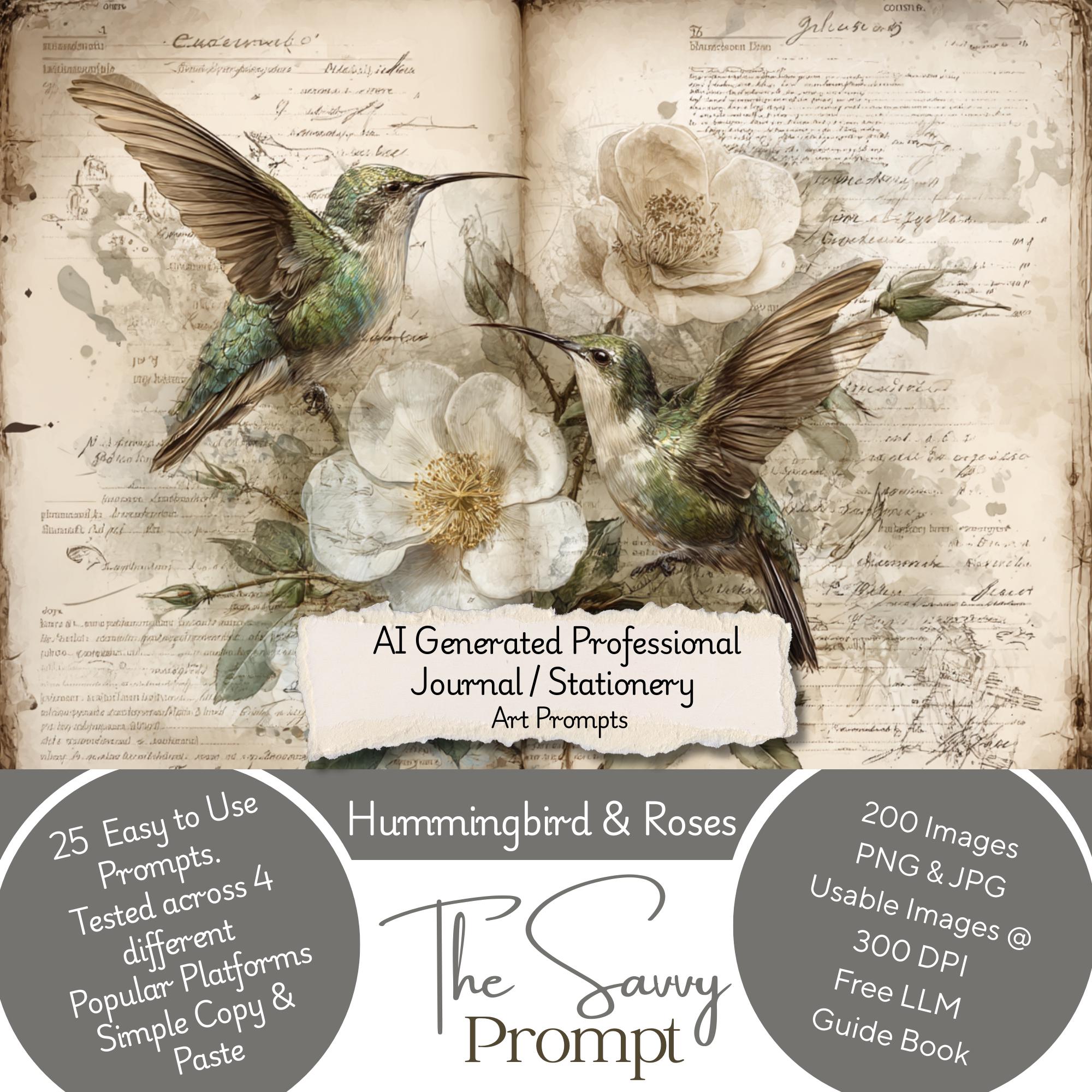 25 Hummingbird and Roses Themed AI Prompts - Digital Journaling & Craft Bundle - Instant Digital Download