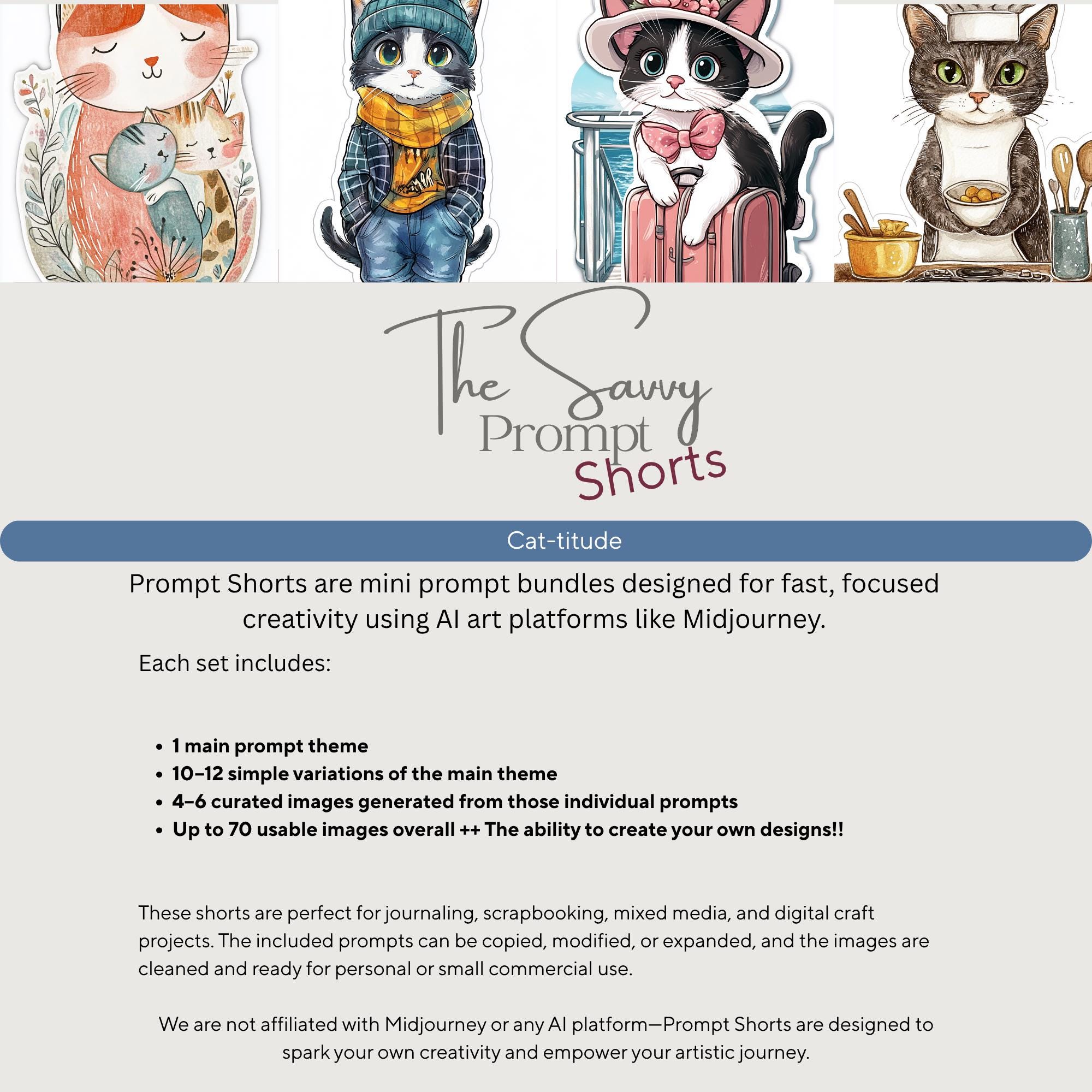 AI Prompt Short –Cat-Titude| 1 Midjourney Prompt with 10 Variations + 40 AI personal/ commercial use images | Journal, Stationery Papers