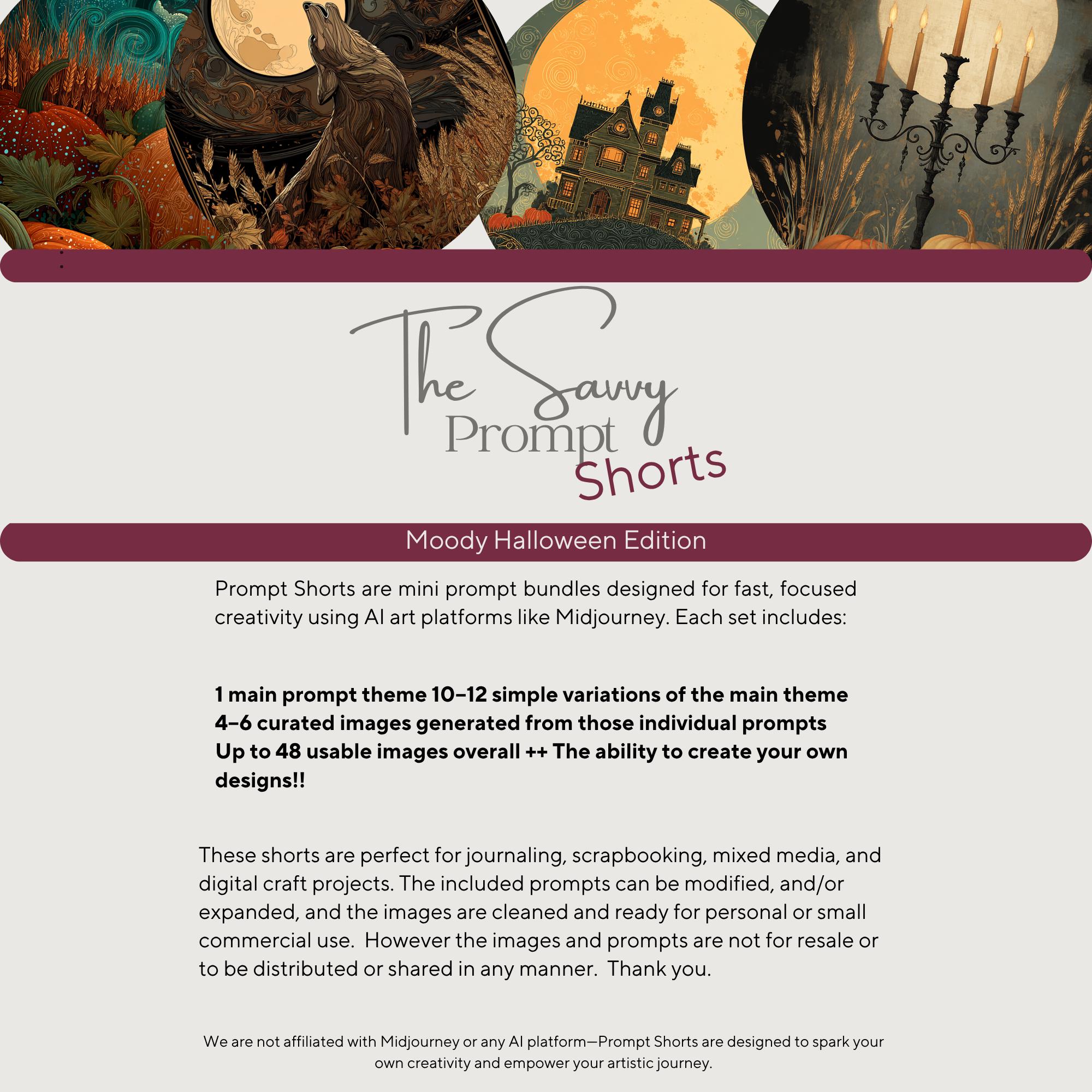 AI Prompt Short - Moody Halloween 1 Midjourney Prompt with 12 Variations + 48 AI personal/ commercial use images | Journaling,Stationery