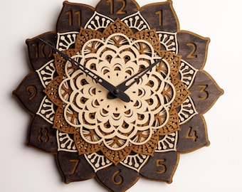 Mandala wood clock, Mandala wall clock, Yoga wall clock, Wood mandala wall decor, Boho wall clock, Flower wall clock, Contemporary clock