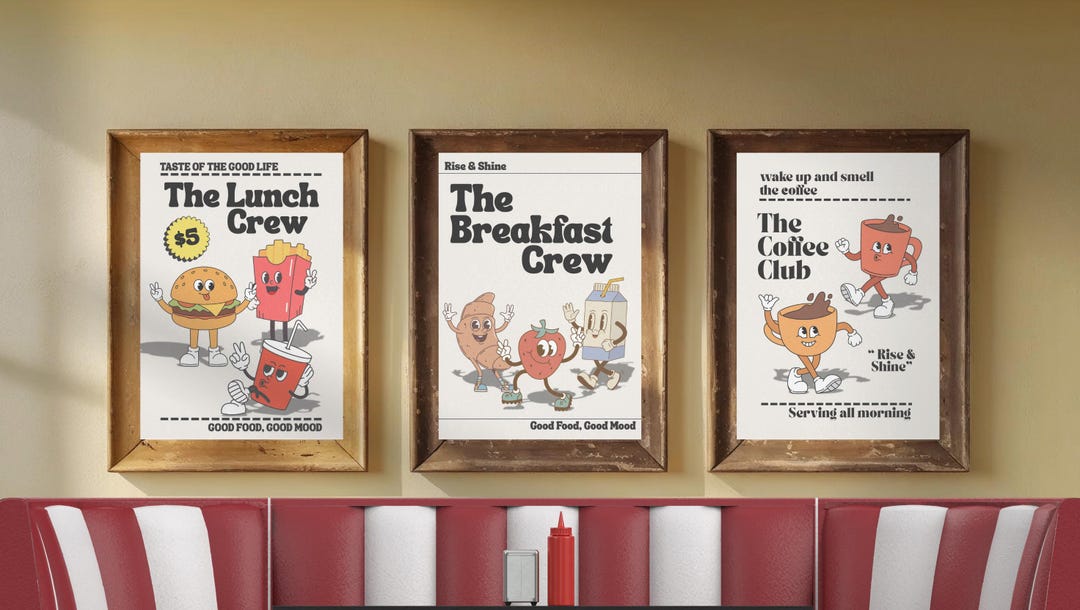 Printable Wall Art | Food Crew Art Print Bundle – 3 Funny Retro Prints ...