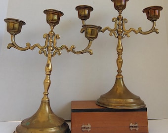 Pair of Brass Ornate 3-Arm Candelabras with Aged Patina - Approx. 11.25"