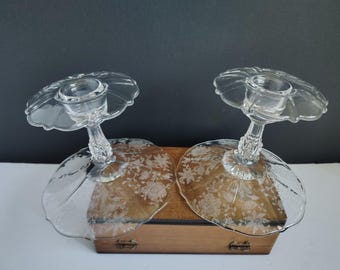 Cambridge Glass Candleholders in Wildflower Pattern- Made in Ohio - Approx 4" - Read