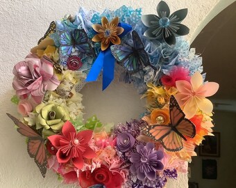 Butterfly, Flower and Fabric Wreath for Summer Decor