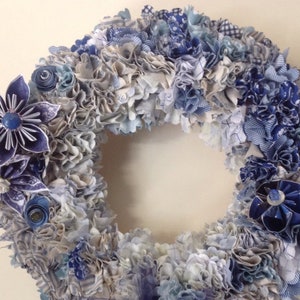 Origami Flower Wreath With Fabric Cut Squares 14 Inches Wide With 10 Origami Flowers and Tulle Bow image 1