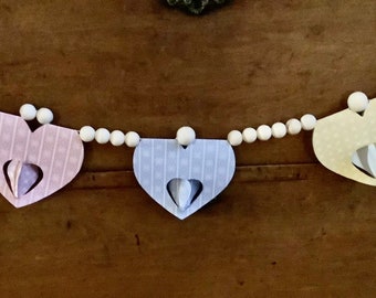 Valentines or Outdoor Wedding Garland with Wooden Beads and Hearts of Love