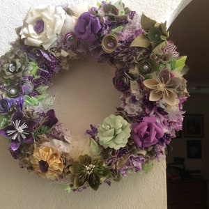 Origami Flower and Fabric Wreath Greens, Purples and Ivory 14 Inch
