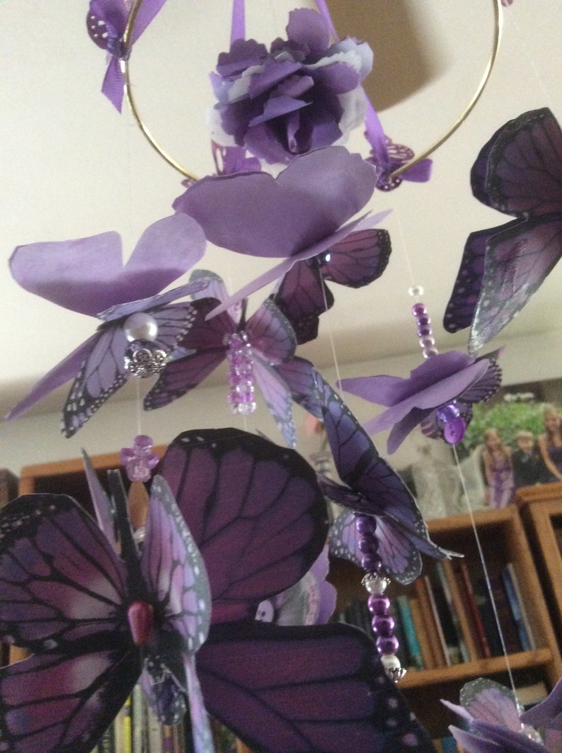 Purple Butterfly Mobile with 13 Three Dimensional Butterflies Enhanced with Crystal Beads Casting Rainbows image 8