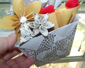 Origami Basket of 10 Paper Flowers 6 Gold and Silver, 2 sheet music and 2 red roses