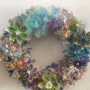 Origami Flower Wreath 10/12/14 Inch Diameter With Fabric Decor and 10-12 Origami Flowers image 8