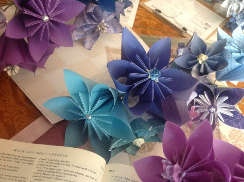 Large Origami Paper Flowers Simple Bouquet of 5 Shown in Purples image 2