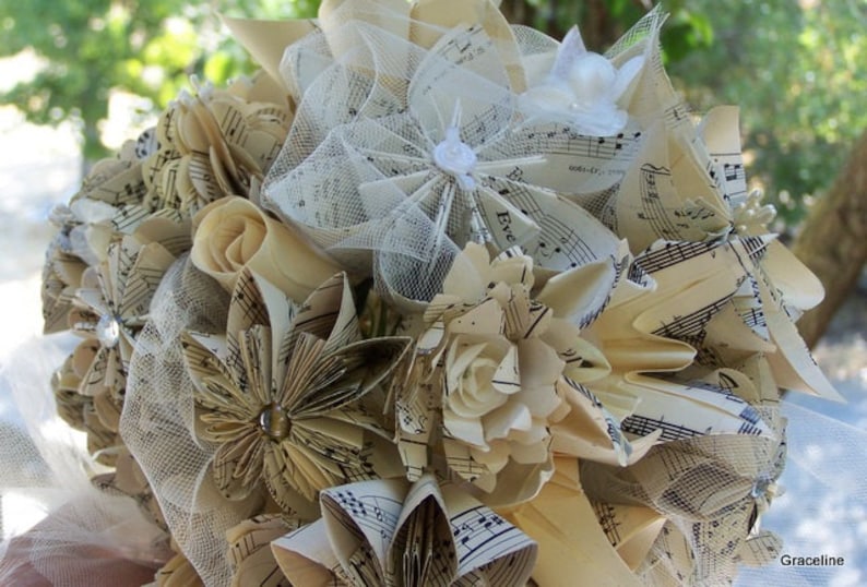 Paper Flower Bridal Bouquet Handmade Customized With Book Pages, Map Flowers or Sheet Music Bouquet image 1