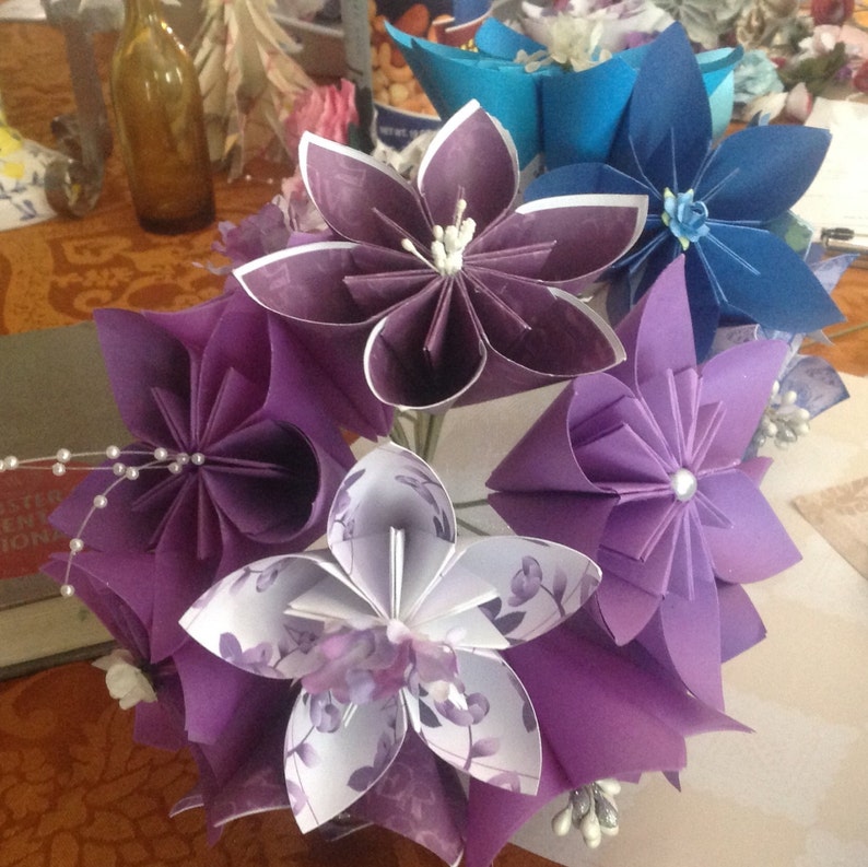 Large Origami Paper Flowers Simple Bouquet of 5 Shown in Purples image 1