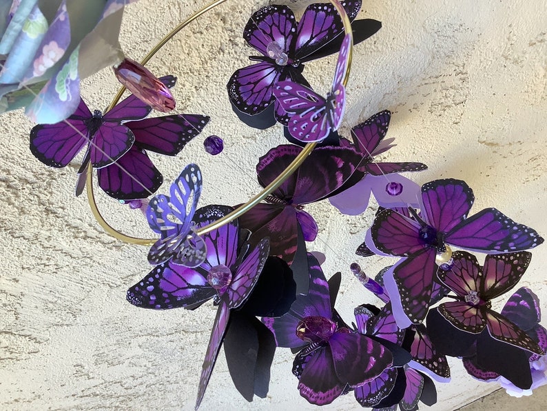 Purple Butterfly Mobile with 13 Three Dimensional Butterflies Enhanced with Crystal Beads Casting Rainbows image 1