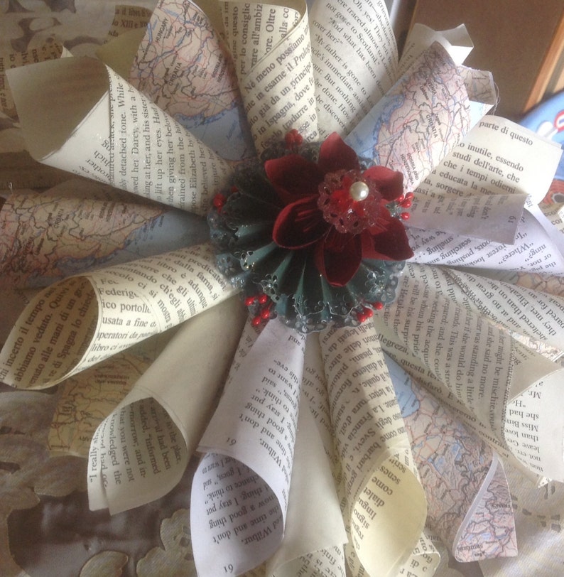 Book Page Wreath, Map, or Sheet Music Wreath 12 Inches Christmas Style image 1