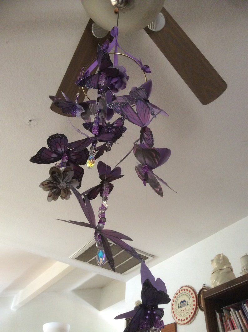 Purple Butterfly Mobile with 13 Three Dimensional Butterflies Enhanced with Crystal Beads Casting Rainbows image 4