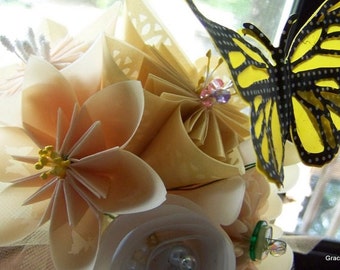 Butterfly Corsage With 4 Fancy Origami Flowers and 2 Monarch Butterflies