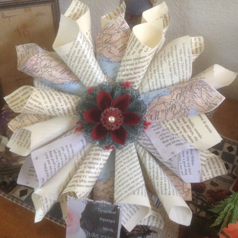 Book Page Wreath, Map, or Sheet Music Wreath 12 Inches Christmas Style image 2