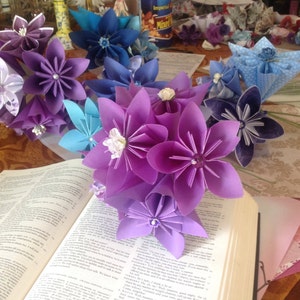 Large Origami Paper Flowers Simple Bouquet of 5 Shown in Purples image 4