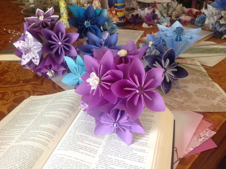 Large Origami Paper Flowers Simple Bouquet of 5 Shown in Purples image 4