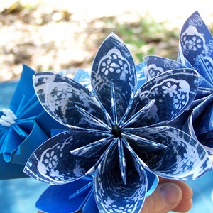 Origami Paper Flowers of Sapphire Blue 5 Origami Flowers With Stems image 4